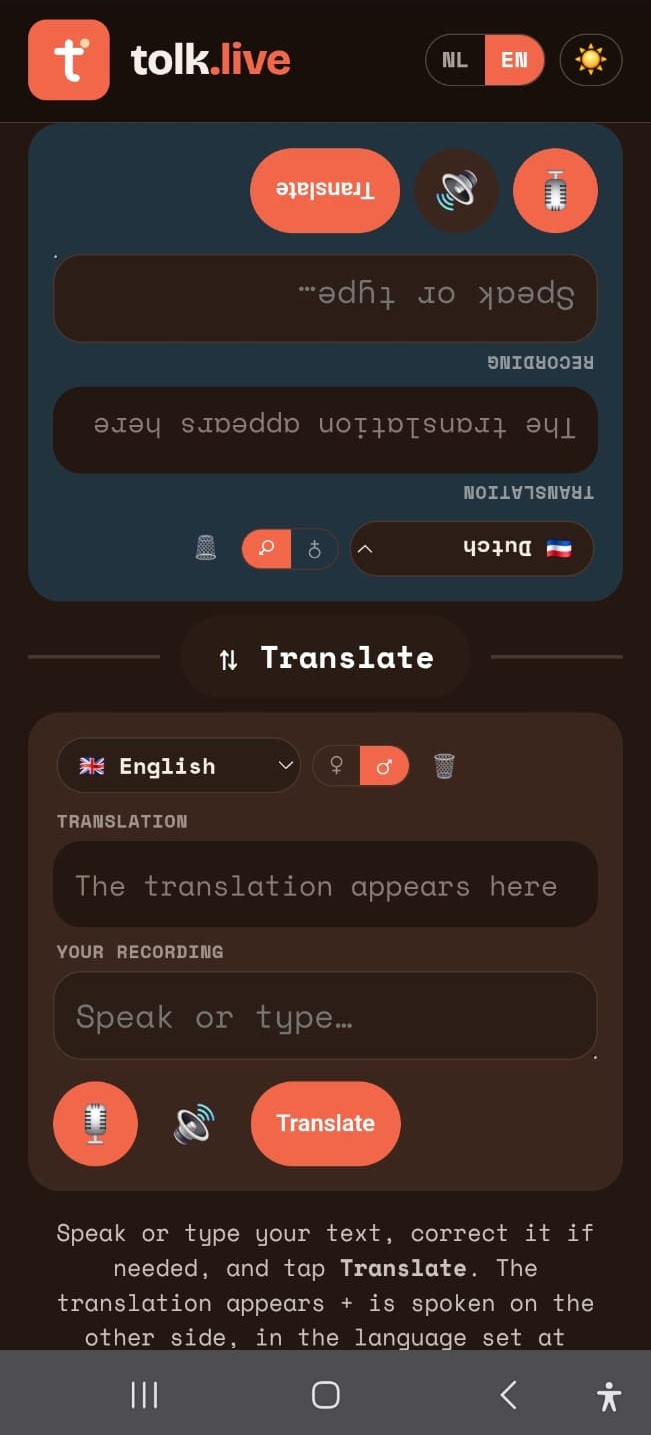 Screenshot of the interpreter app: speak or type, and the translation appears and is spoken on the other side