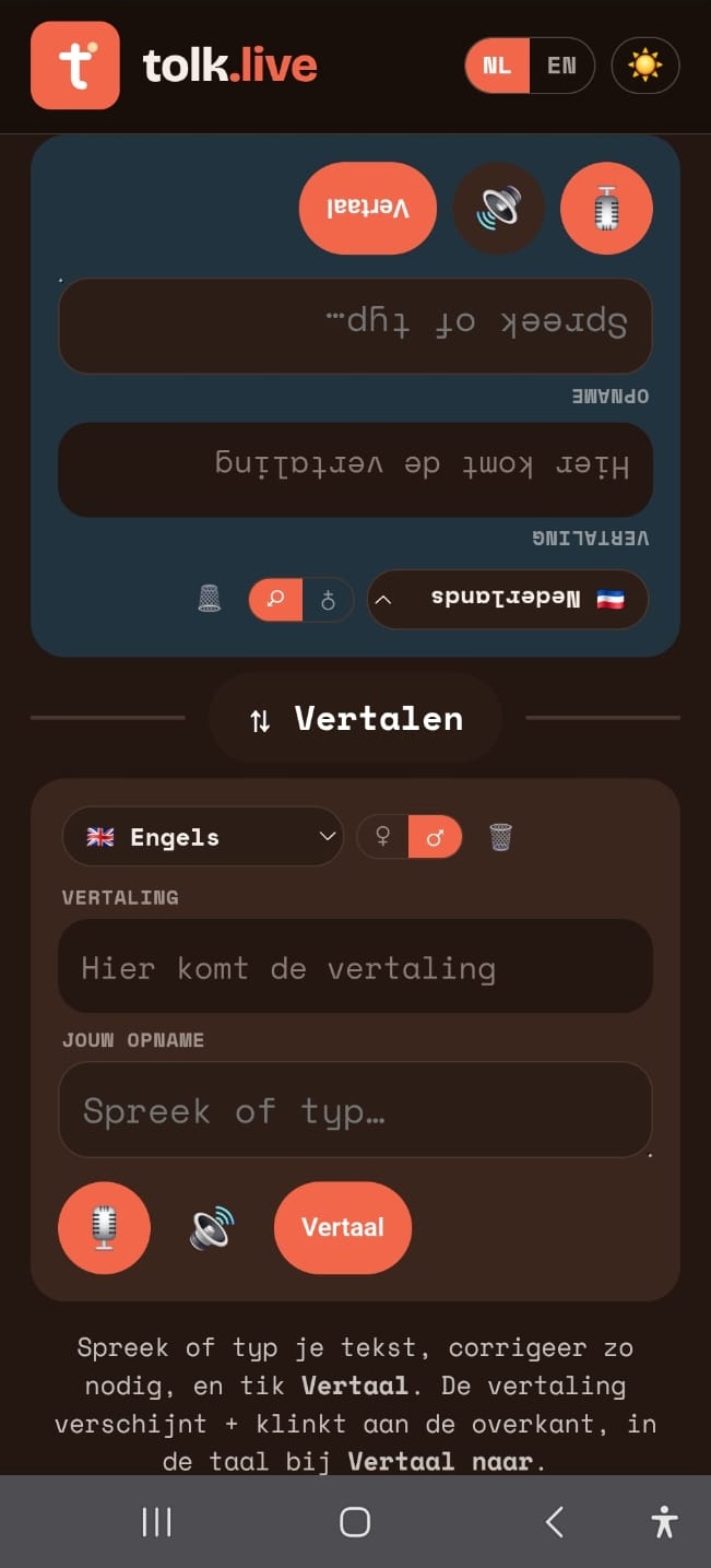 Schermafbeelding van de tolk-app: spreek of typ, en de vertaling verschijnt en klinkt aan de overkant