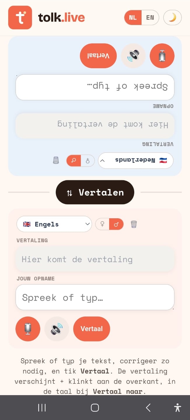 Schermafbeelding van de tolk-app: spreek of typ, en de vertaling verschijnt en klinkt aan de overkant
